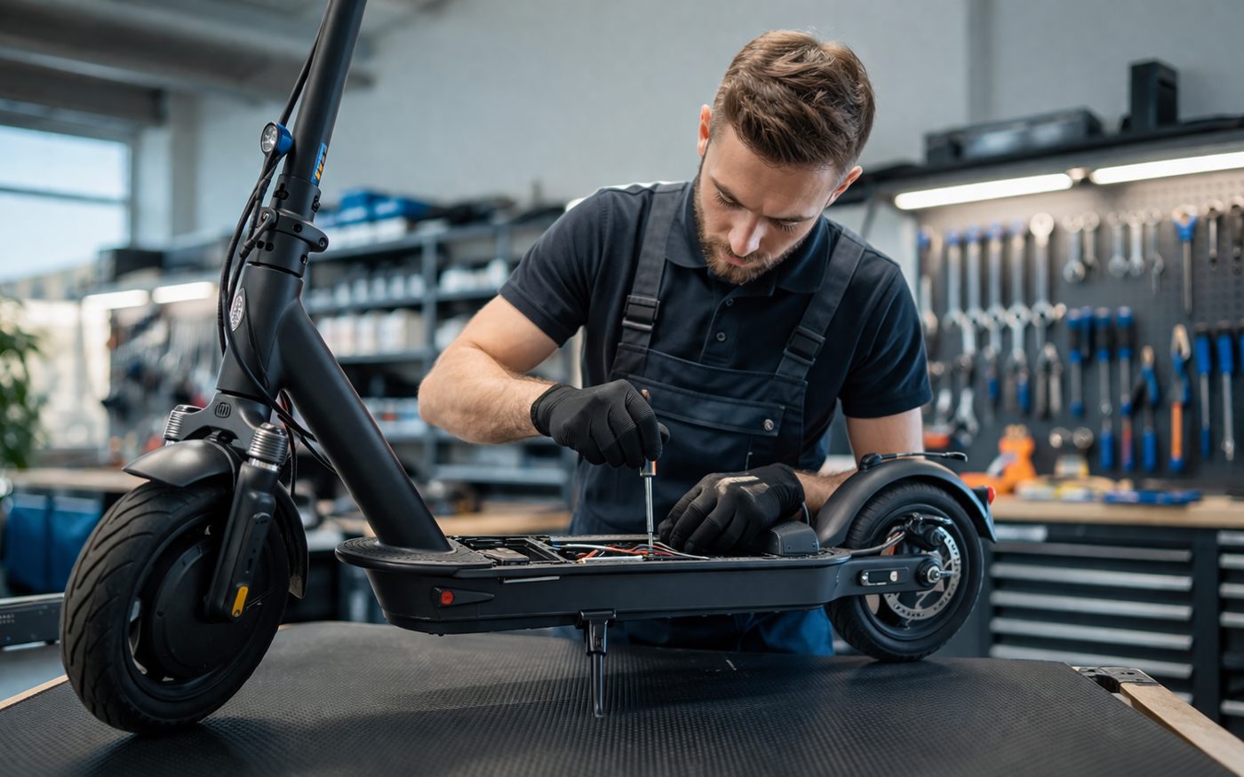 E-Scooter-Reparatur in der Werkstatt am Arbeitstisch