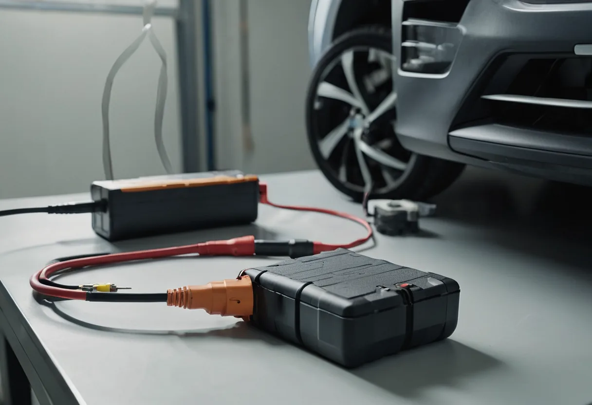 Ein Akkupack mit einzelnen Zellen und einer Messspitze in einer Werkstatt für kleine Elektrofahrzeuge