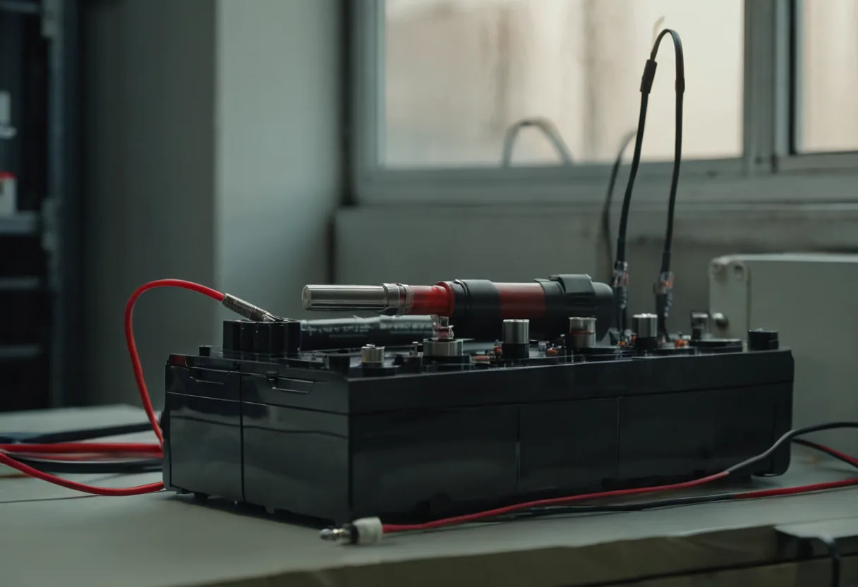Ein Akkupack mit einzelnen Zellen und einer Messspitze in einer Werkstatt für kleine Elektrofahrzeuge