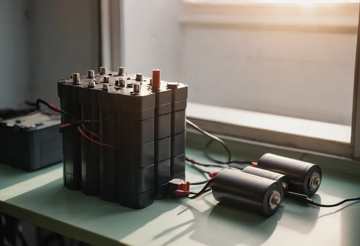 Ein Akkupack mit einzelnen Zellen und einer Messspitze in einer Werkstatt für kleine Elektrofahrzeuge