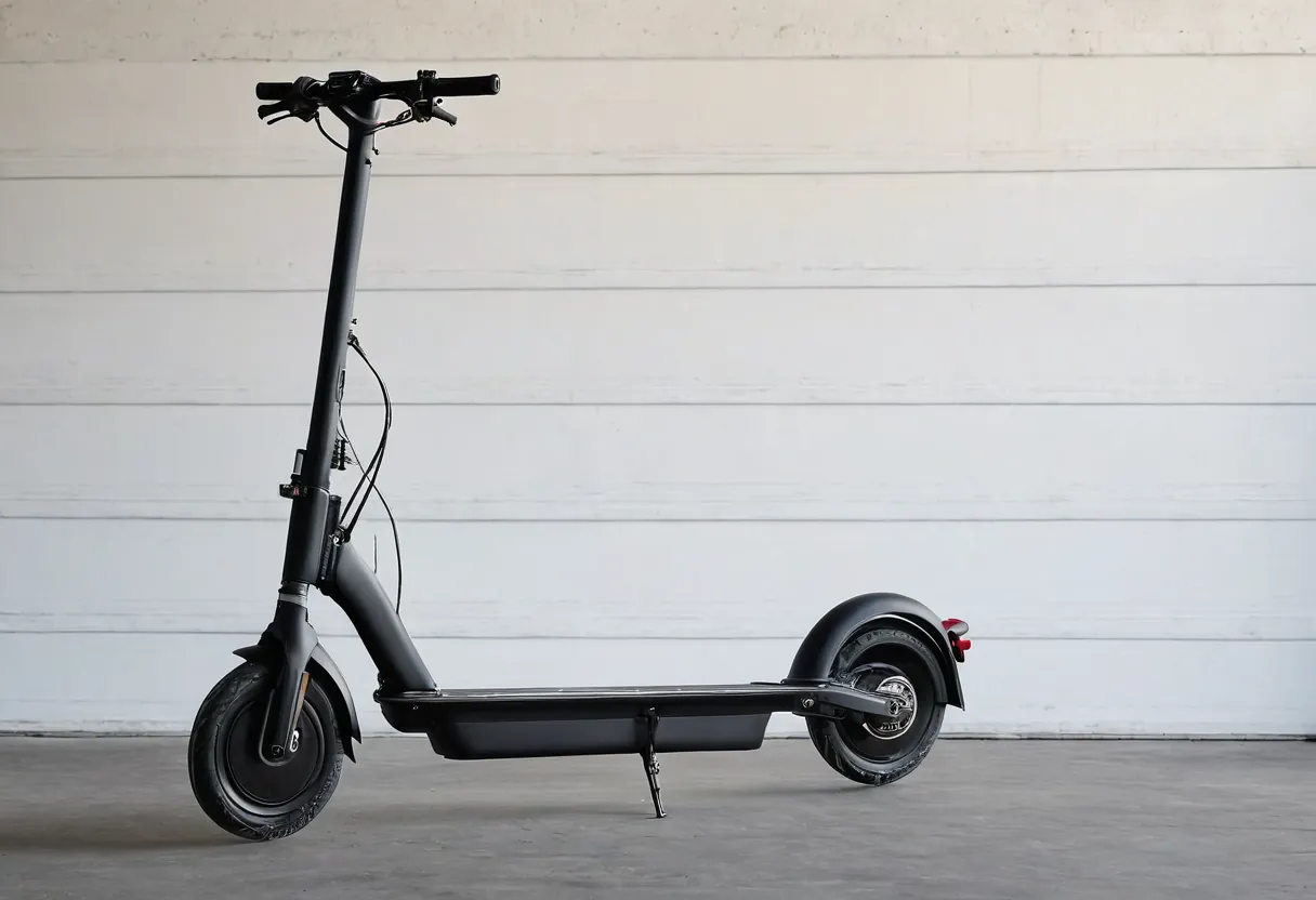 Ein E-Scooter mit geöffnetem Akkufach in einer Werkstatt für kleine Elektrofahrzeuge