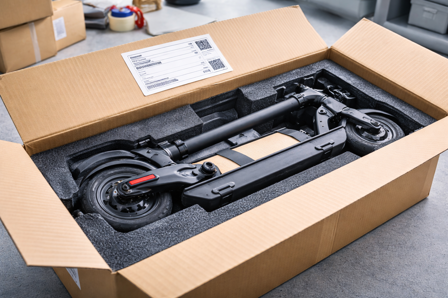 E-Scooter sicher verpackt im Versandkarton für Einsende-Reparatur