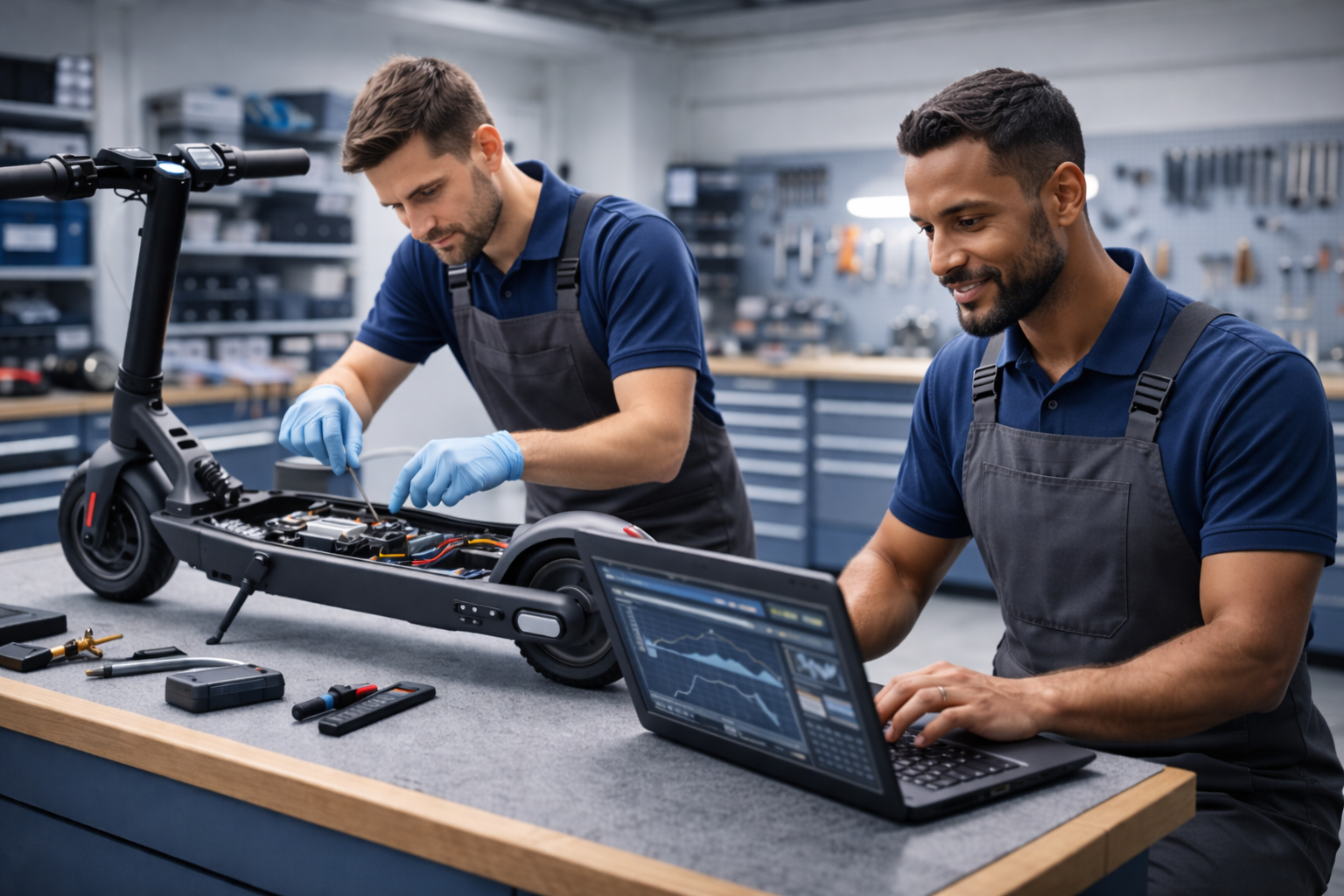 Zwei Techniker arbeiten gemeinsam an einem E-Scooter in der Werkstatt