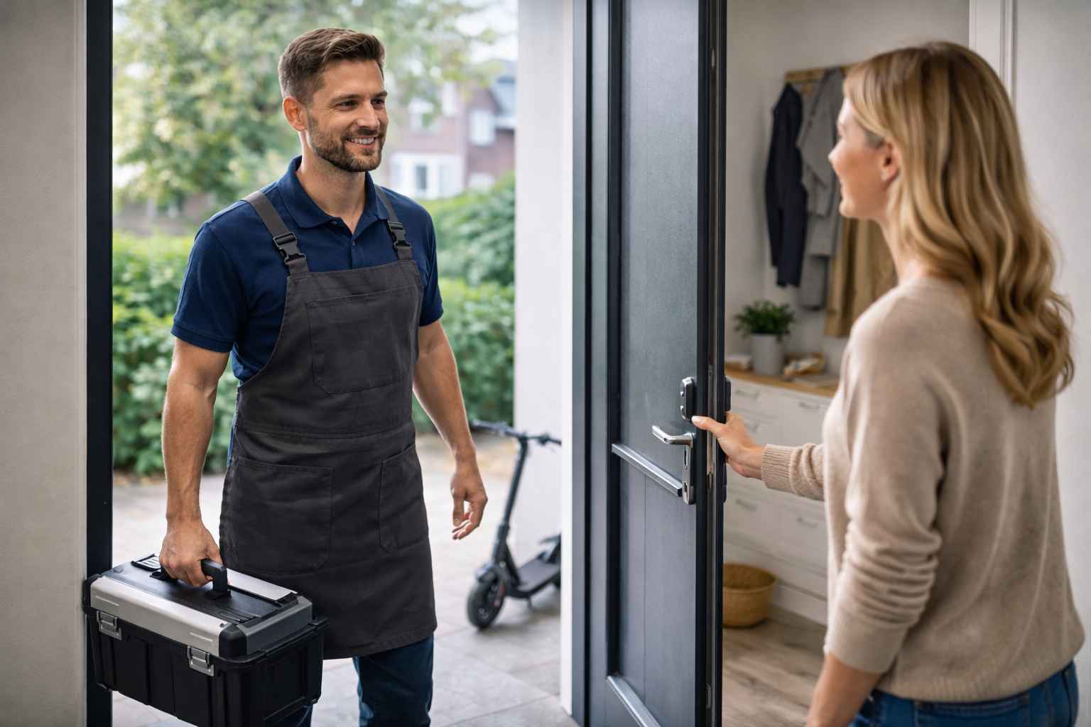 Techniker mit Werkzeugkoffer wird an der Haustür empfangen